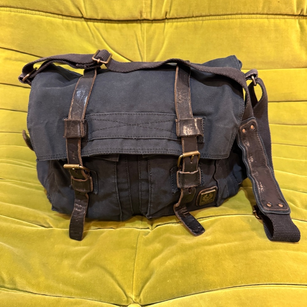 Belstaff 556 Canvas Bag (messenger style) in Black with Brown Leather Trim